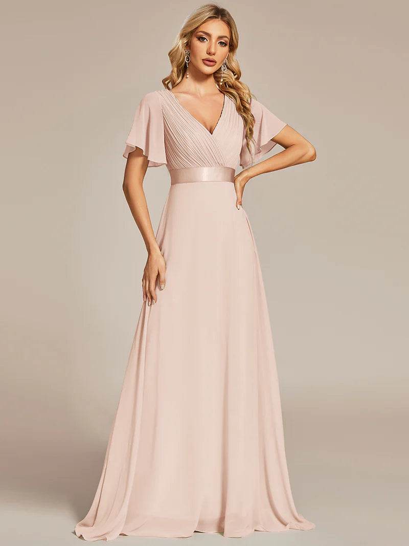 Double V-Neck Chiffon Evening Dress – Ruffled & Padded Glam Look - Biamonde